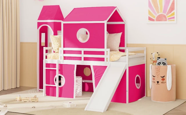 Alt view image 3 of 7 - Twin Size Loft Bed with Slide Pink Tent and Tower Old SKU, Solid Wood, Beds Frames Bases