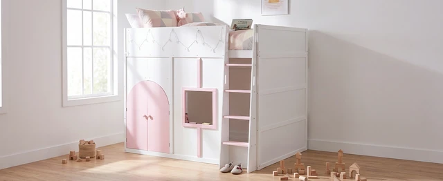 Alt view image 7 of 7 - Full Size Loft Bed with Double Doors and Window, Loft Bed with Strip Private Space Design Platform Frame, White, MDF