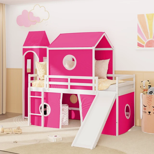 Main image of Twin Size Loft Bed with Slide Pink Tent and Tower Old SKU, Solid Wood, Beds Frames Bases