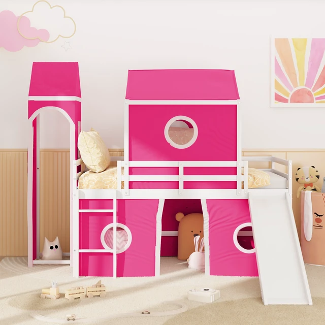 Alt view image 2 of 7 - Twin Size Loft Bed with Slide Pink Tent and Tower Old SKU, Solid Wood, Beds Frames Bases