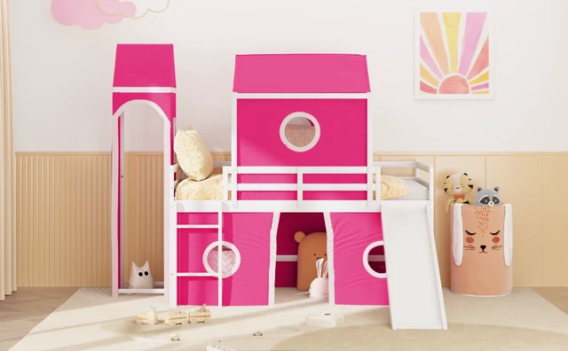Alt view image 4 of 7 - Twin Size Loft Bed with Slide Pink Tent and Tower Old SKU, Solid Wood, Beds Frames Bases