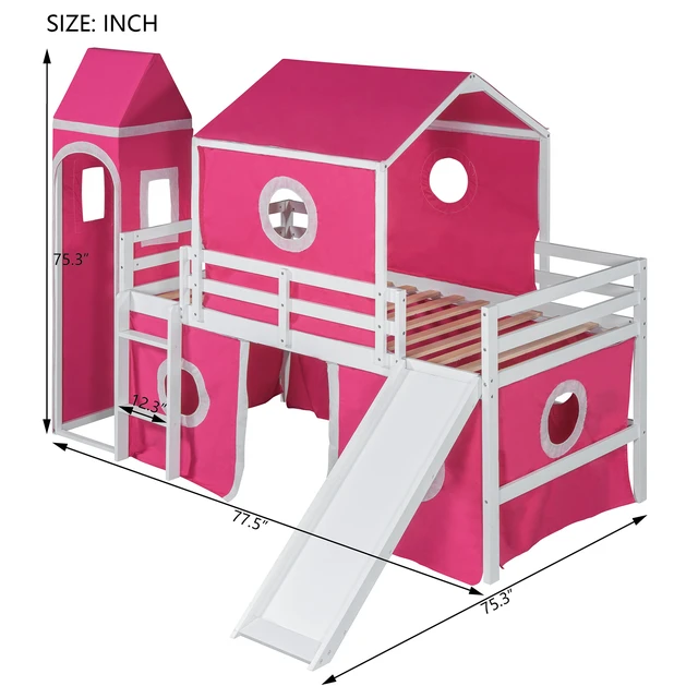 Alt view image 5 of 7 - Twin Size Loft Bed with Slide Pink Tent and Tower Old SKU, Solid Wood, Beds Frames Bases