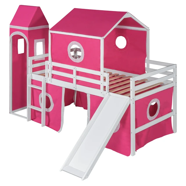 Alt view image 7 of 7 - Twin Size Loft Bed with Slide Pink Tent and Tower Old SKU, Solid Wood, Beds Frames Bases