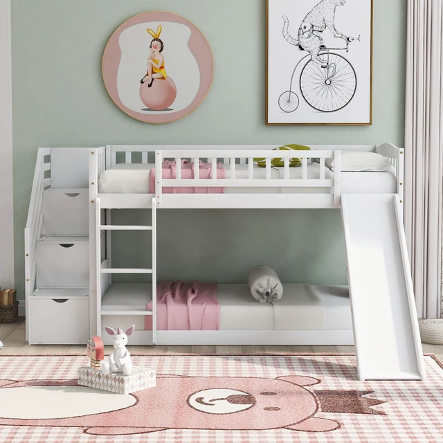 Main image of Stairway Twin Over Twin Bunk Bed with Three Drawers and Slide, Old SKU, White, Solid Wood, Beds Frames Bases