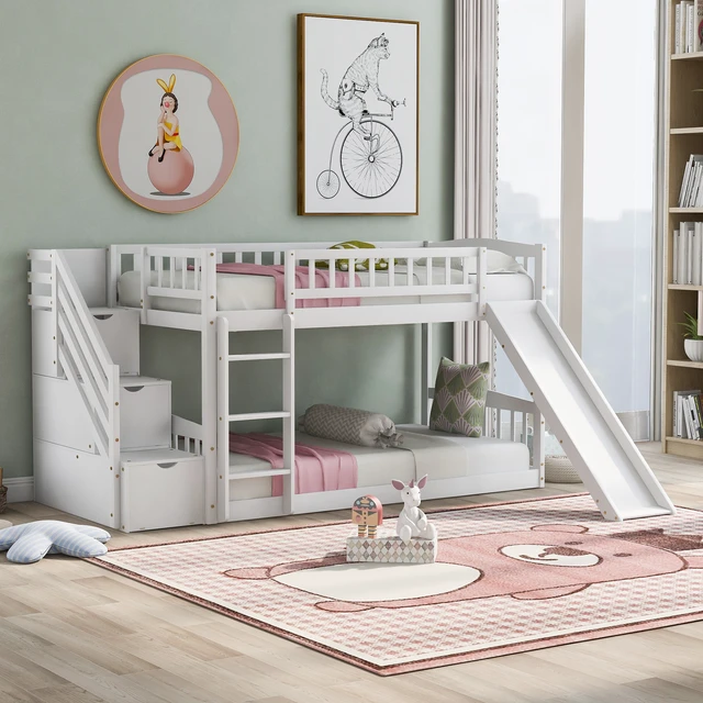 Alt view image 2 of 7 - Stairway Twin Over Twin Bunk Bed with Three Drawers and Slide, Old SKU, White, Solid Wood, Beds Frames Bases