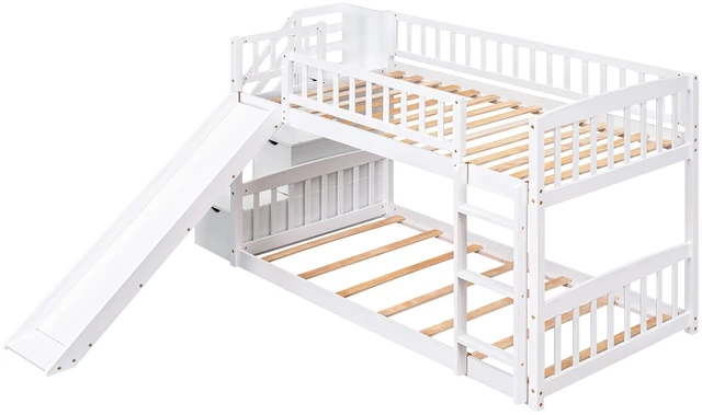 Alt view image 3 of 7 - Stairway Twin Over Twin Bunk Bed with Three Drawers and Slide, Old SKU, White, Solid Wood, Beds Frames Bases