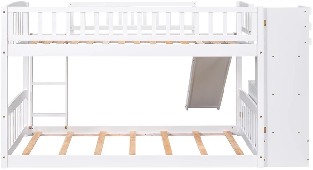 Alt view image 4 of 7 - Stairway Twin Over Twin Bunk Bed with Three Drawers and Slide, Old SKU, White, Solid Wood, Beds Frames Bases