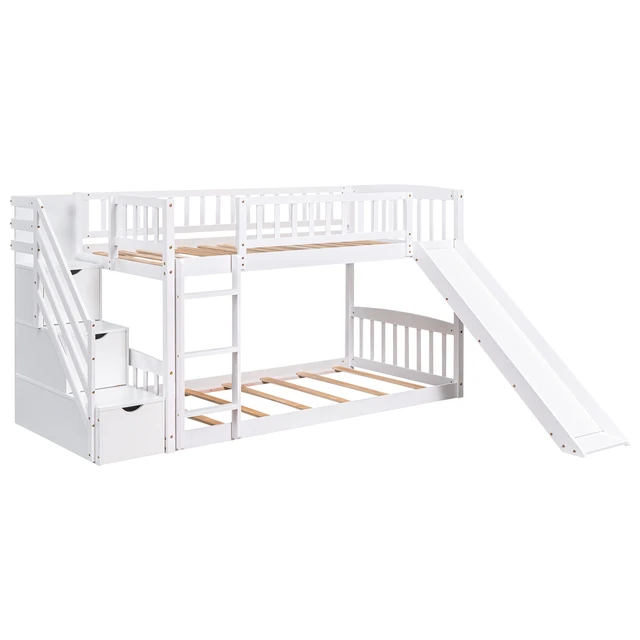 Alt view image 7 of 7 - Stairway Twin Over Twin Bunk Bed with Three Drawers and Slide, Old SKU, White, Solid Wood, Beds Frames Bases