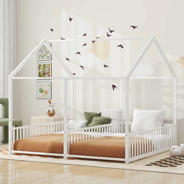 Main image of Metal Twin Size Platform Beds, Two Shared Beds, Antique White, Frames Bases