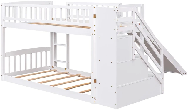 Alt view image 5 of 7 - Stairway Twin Over Twin Bunk Bed with Three Drawers and Slide, Old SKU, White, Solid Wood, Beds Frames Bases