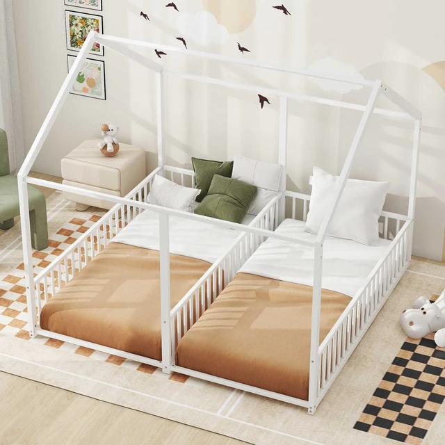 Alt view image 2 of 7 - Metal Twin Size Platform Beds, Two Shared Beds, Antique White, Frames Bases