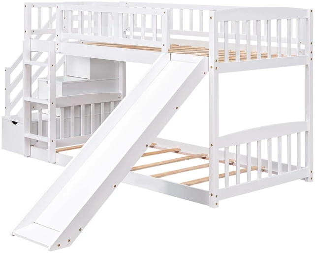 Alt view image 6 of 7 - Stairway Twin Over Twin Bunk Bed with Three Drawers and Slide, Old SKU, White, Solid Wood, Beds Frames Bases