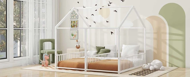Alt view image 4 of 7 - Metal Twin Size Platform Beds, Two Shared Beds, Antique White, Frames Bases