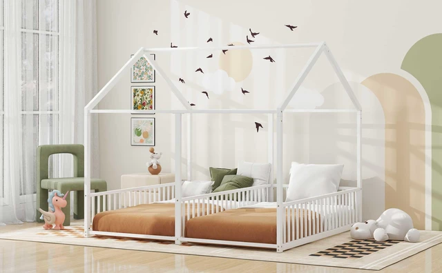 Alt view image 5 of 7 - Metal Twin Size Platform Beds, Two Shared Beds, Antique White, Frames Bases
