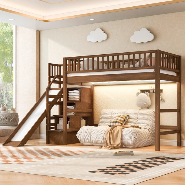 Main image of Twin Size Loft Bed with Storage Staircase, Slide and LED, Walnut, Pine, Beds Frames Bases