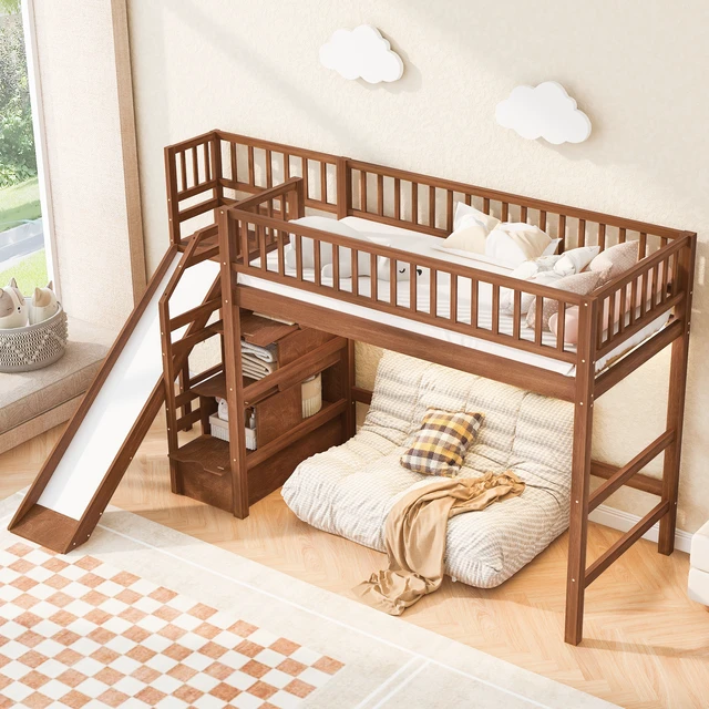 Alt view image 3 of 7 - Twin Size Loft Bed with Storage Staircase, Slide and LED, Walnut, Pine, Beds Frames Bases