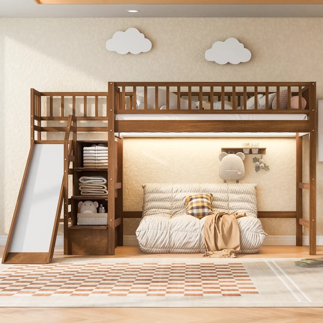 Alt view image 2 of 7 - Twin Size Loft Bed with Storage Staircase, Slide and LED, Walnut, Pine, Beds Frames Bases