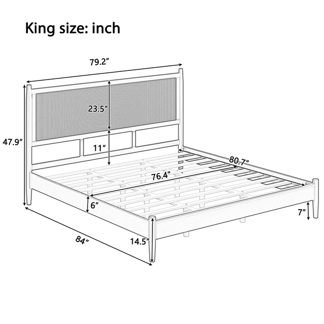 Alt view image 3 of 7 - King Size Platform Bed Frame with Rattan Headboard, Wicker Bed with Wooden Slats Support Coastal Box Spring Needed