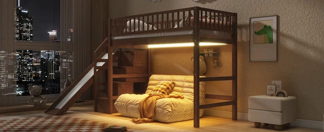 Alt view image 6 of 7 - Twin Size Loft Bed with Storage Staircase, Slide and LED, Walnut, Pine, Beds Frames Bases