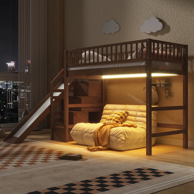 Alt view image 4 of 7 - Twin Size Loft Bed with Storage Staircase, Slide and LED, Walnut, Pine, Beds Frames Bases