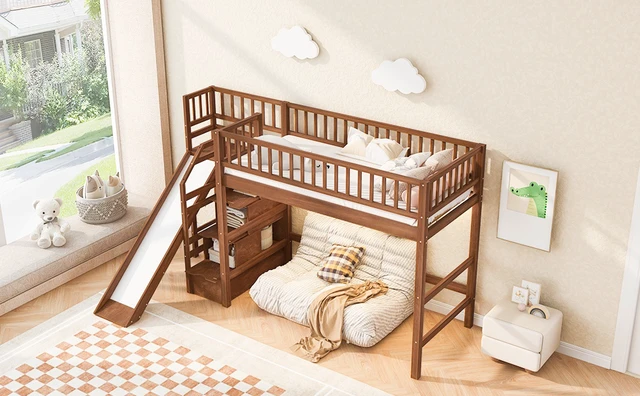 Alt view image 7 of 7 - Twin Size Loft Bed with Storage Staircase, Slide and LED, Walnut, Pine, Beds Frames Bases
