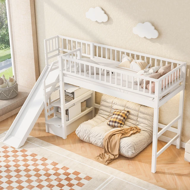 Alt view image 4 of 7 - Twin Size Loft Bed with Storage Staircase, Slide and LED, White, Pine, Beds Frames Bases