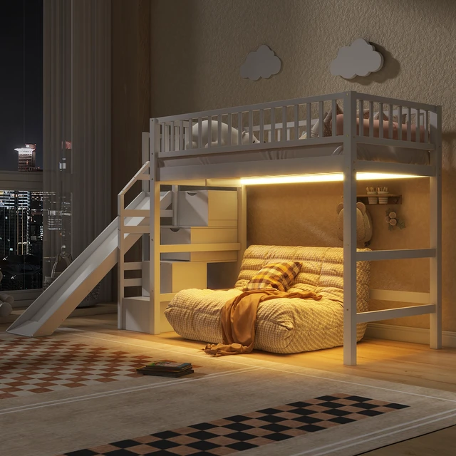 Alt view image 3 of 7 - Twin Size Loft Bed with Storage Staircase, Slide and LED, White, Pine, Beds Frames Bases