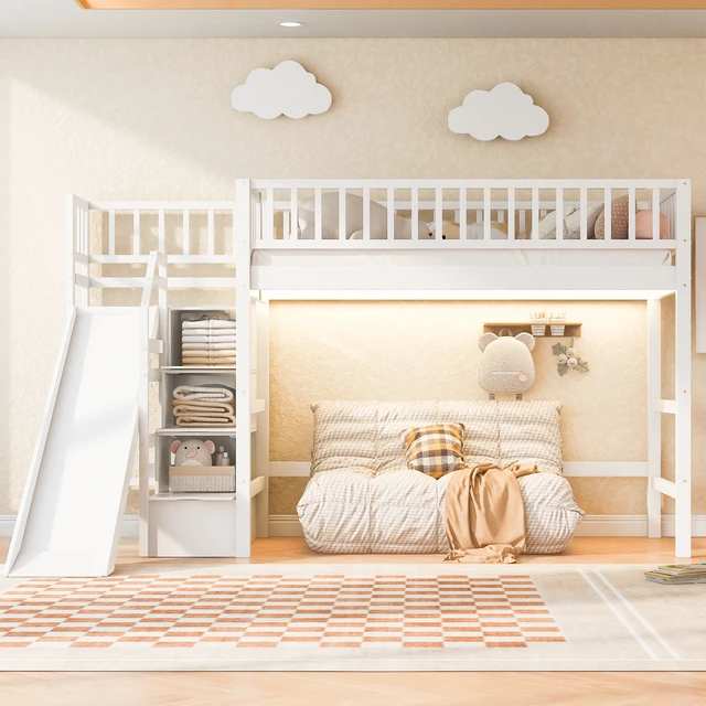 Alt view image 2 of 7 - Twin Size Loft Bed with Storage Staircase, Slide and LED, White, Pine, Beds Frames Bases