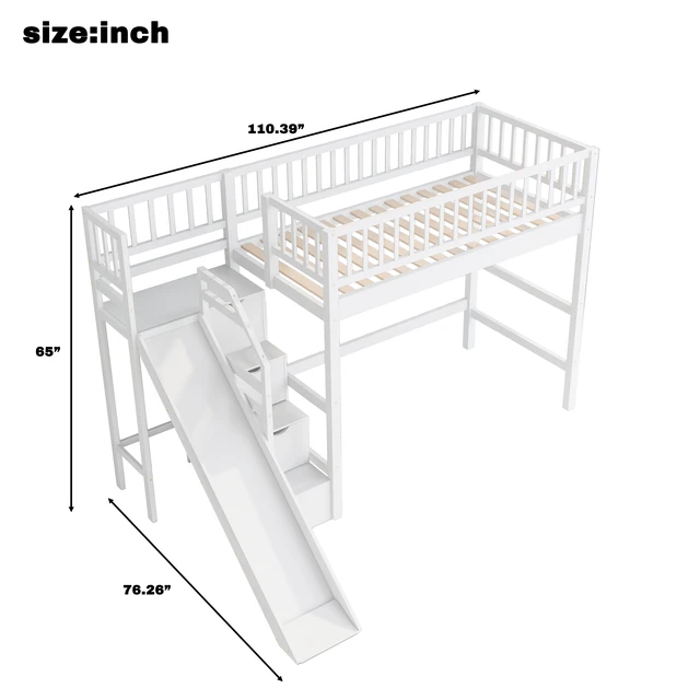 Alt view image 5 of 7 - Twin Size Loft Bed with Storage Staircase, Slide and LED, White, Pine, Beds Frames Bases