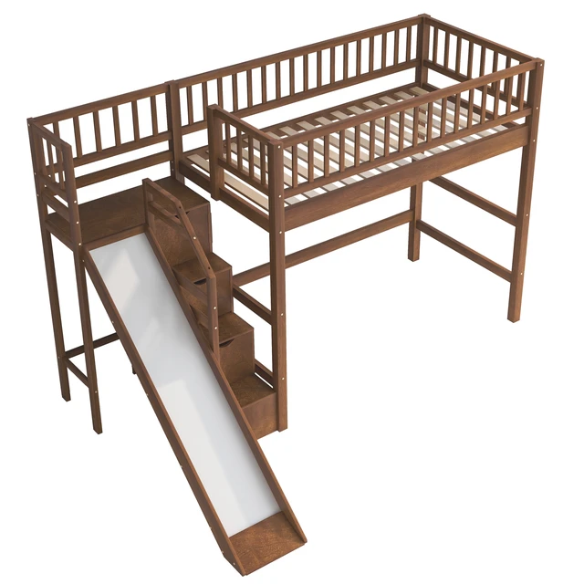 Alt view image 5 of 7 - Twin Size Loft Bed with Storage Staircase, Slide and LED, Walnut, Pine, Beds Frames Bases