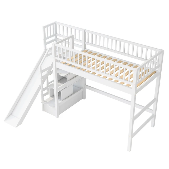 Alt view image 6 of 7 - Twin Size Loft Bed with Storage Staircase, Slide and LED, White, Pine, Beds Frames Bases