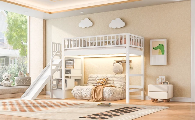 Alt view image 7 of 7 - Twin Size Loft Bed with Storage Staircase, Slide and LED, White, Pine, Beds Frames Bases