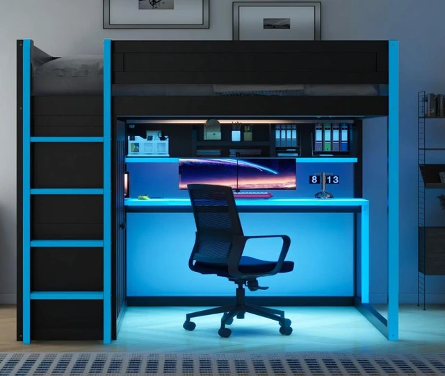 Main image of Full Size Loft Bed with Built in Wardrobe, USB Desk Over Desk Storage Shelves and Under LED Lights, Black Blue, Solid