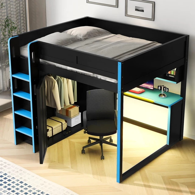 Alt view image 2 of 7 - Full Size Loft Bed with Built in Wardrobe, USB Desk Over Desk Storage Shelves and Under LED Lights, Black Blue, Solid