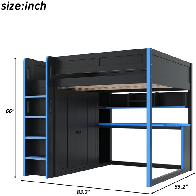 Alt view image 5 of 7 - Full Size Loft Bed with Built in Wardrobe, USB Desk Over Desk Storage Shelves and Under LED Lights, Black Blue, Solid