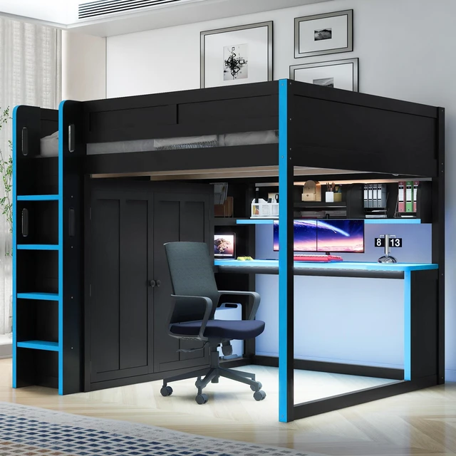 Alt view image 4 of 7 - Full Size Loft Bed with Built in Wardrobe, USB Desk Over Desk Storage Shelves and Under LED Lights, Black Blue, Solid