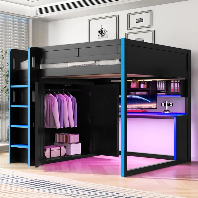Alt view image 3 of 7 - Full Size Loft Bed with Built in Wardrobe, USB Desk Over Desk Storage Shelves and Under LED Lights, Black Blue, Solid