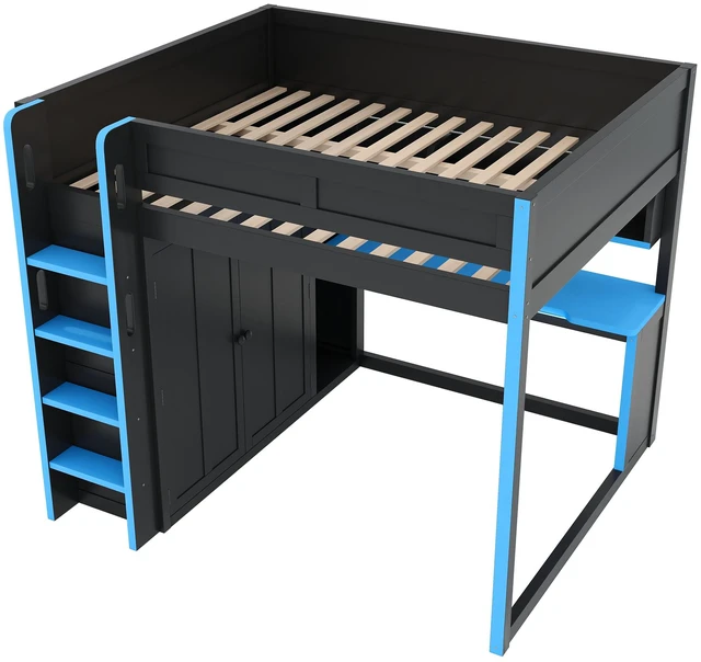 Alt view image 6 of 7 - Full Size Loft Bed with Built in Wardrobe, USB Desk Over Desk Storage Shelves and Under LED Lights, Black Blue, Solid