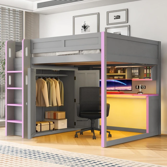 Alt view image 2 of 7 - Full Size Loft Bed with Built in Wardrobe, USB Desk Over Desk Storage Shelves and Under LED Lights Purple, Dark Grey