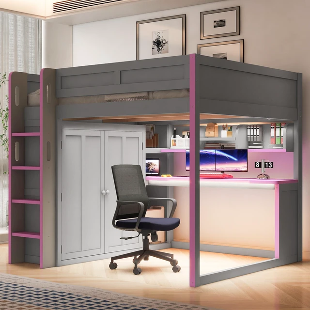 Main image of Full Size Loft Bed with Built in Wardrobe, USB Desk Over Desk Storage Shelves and Under LED Lights Purple, Dark Grey
