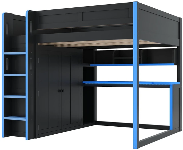 Alt view image 7 of 7 - Full Size Loft Bed with Built in Wardrobe, USB Desk Over Desk Storage Shelves and Under LED Lights, Black Blue, Solid