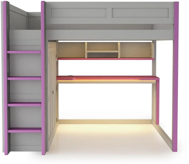 Alt view image 5 of 7 - Full Size Loft Bed with Built in Wardrobe, USB Desk Over Desk Storage Shelves and Under LED Lights Purple, Dark Grey