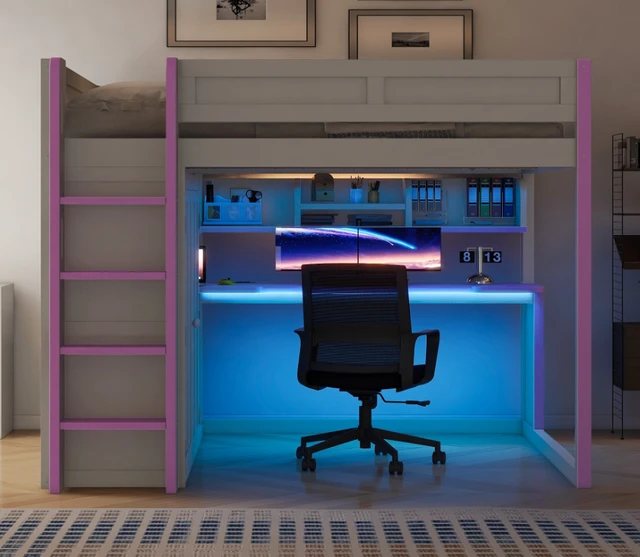 Alt view image 4 of 7 - Full Size Loft Bed with Built in Wardrobe, USB Desk Over Desk Storage Shelves and Under LED Lights Purple, Dark Grey