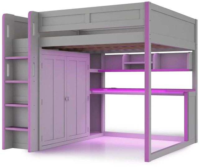 Alt view image 6 of 7 - Full Size Loft Bed with Built in Wardrobe, USB Desk Over Desk Storage Shelves and Under LED Lights Purple, Dark Grey