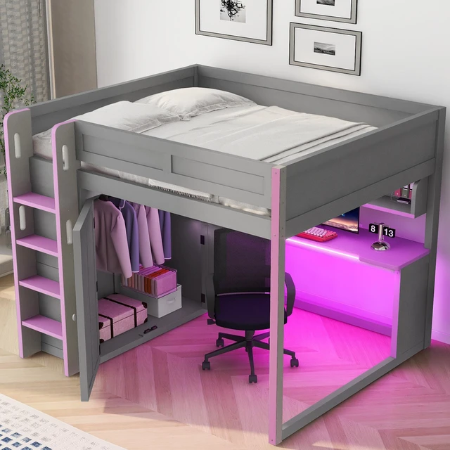 Alt view image 3 of 7 - Full Size Loft Bed with Built in Wardrobe, USB Desk Over Desk Storage Shelves and Under LED Lights Purple, Dark Grey