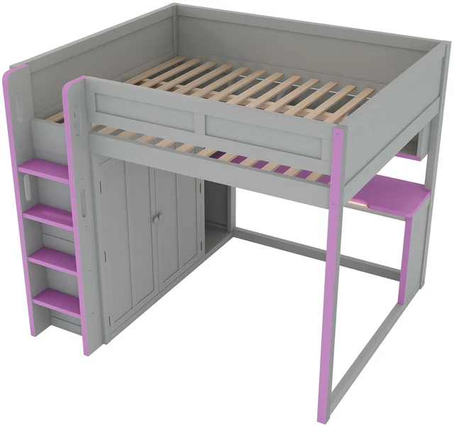 Alt view image 7 of 7 - Full Size Loft Bed with Built in Wardrobe, USB Desk Over Desk Storage Shelves and Under LED Lights Purple, Dark Grey