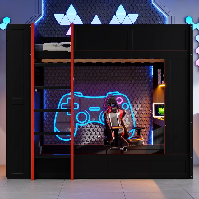 Alt view image 2 of 7 - Full Size Gaming Bunk Bed with Desk, Storage Shelves LED and Charging Station, Black, Solid Wood and MDF, Beds Frames