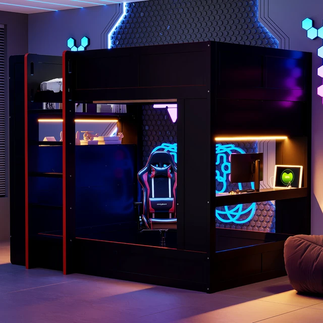 Alt view image 3 of 7 - Full Size Gaming Bunk Bed with Desk, Storage Shelves LED and Charging Station, Black, Solid Wood and MDF, Beds Frames