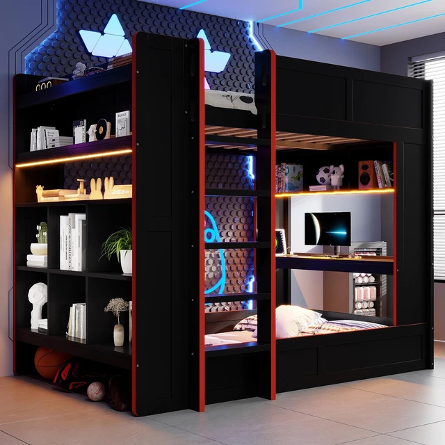 Main image of Full Size Gaming Bunk Bed with Desk, Storage Shelves LED and Charging Station, Black, Solid Wood and MDF, Beds Frames