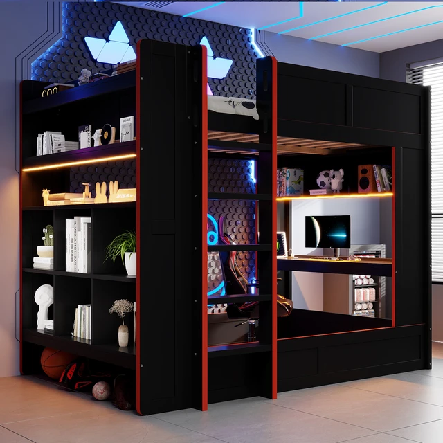 Alt view image 4 of 7 - Full Size Gaming Bunk Bed with Desk, Storage Shelves LED and Charging Station, Black, Solid Wood and MDF, Beds Frames